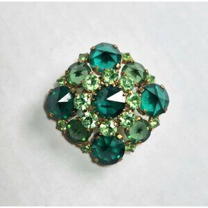 Vintage Brooch Signed Austria Rivoli Teal Green Uranium Glass Rhinestone Gold